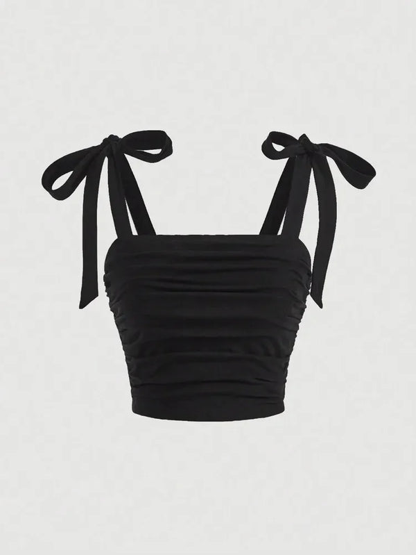 Solid Tie Shoulder Ruched Wide Strap Slim Fit Crop Top for Women Summer 2024 Y2K Clothes Pink Backless Cami Top Streetwear