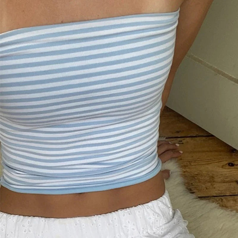 Women Cropped Tube Tops Strapless Off Shoulder Backless Short Tank Summer Party Club Striped/Solid Mini Vest 2024 New