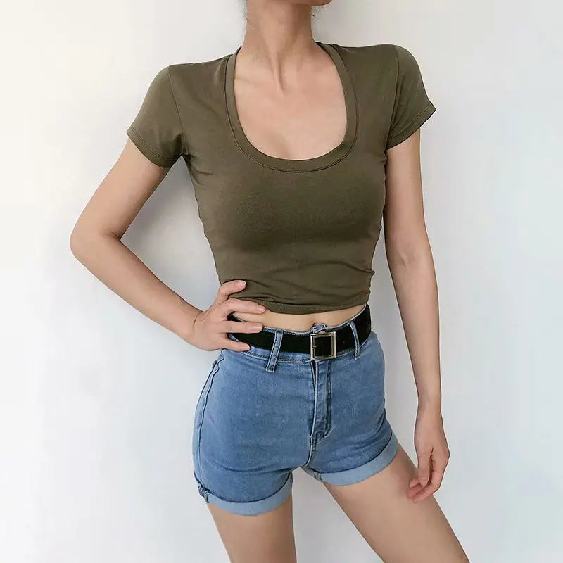 U-Neck Crop Top Solid Color Women Casual High Waist T Shirt Basic Sexy Streetwear Short Sleeve Slimming Tops