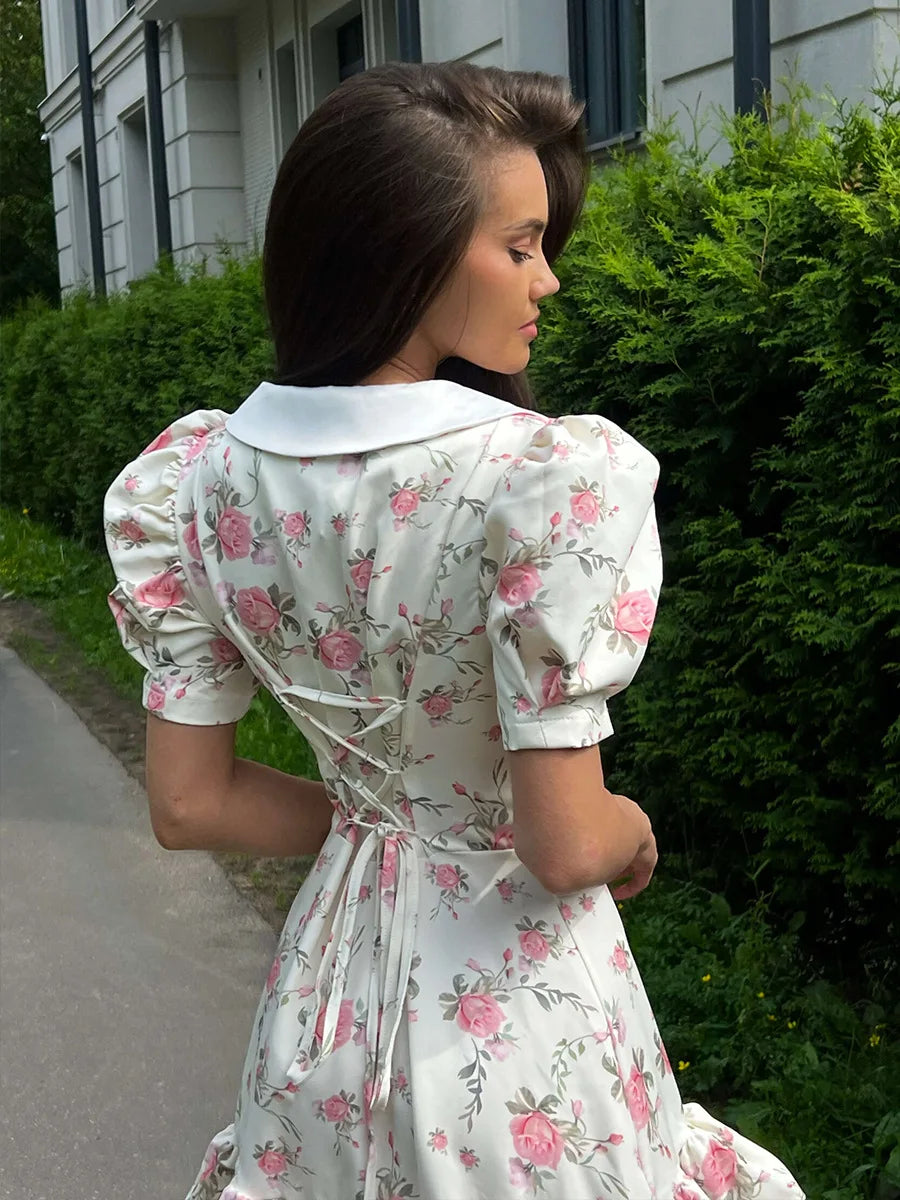 Tornova Print Puff Sleeves Ruffled Dress Women's V-Neck High Waist Pearl Buttons Mini Dress Female Casual Vacation Fashion Dress