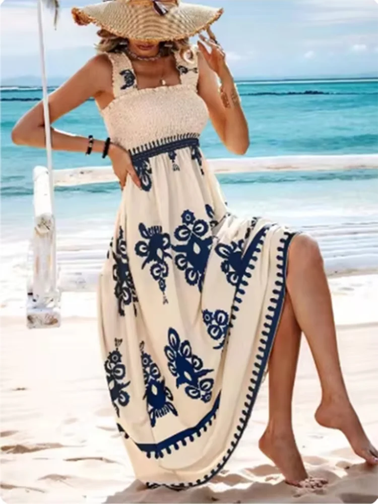 Summer Sleeveless Square Collar Printed Dress Women Suspender High Waist A Line Dresses Beach Vacation Robe