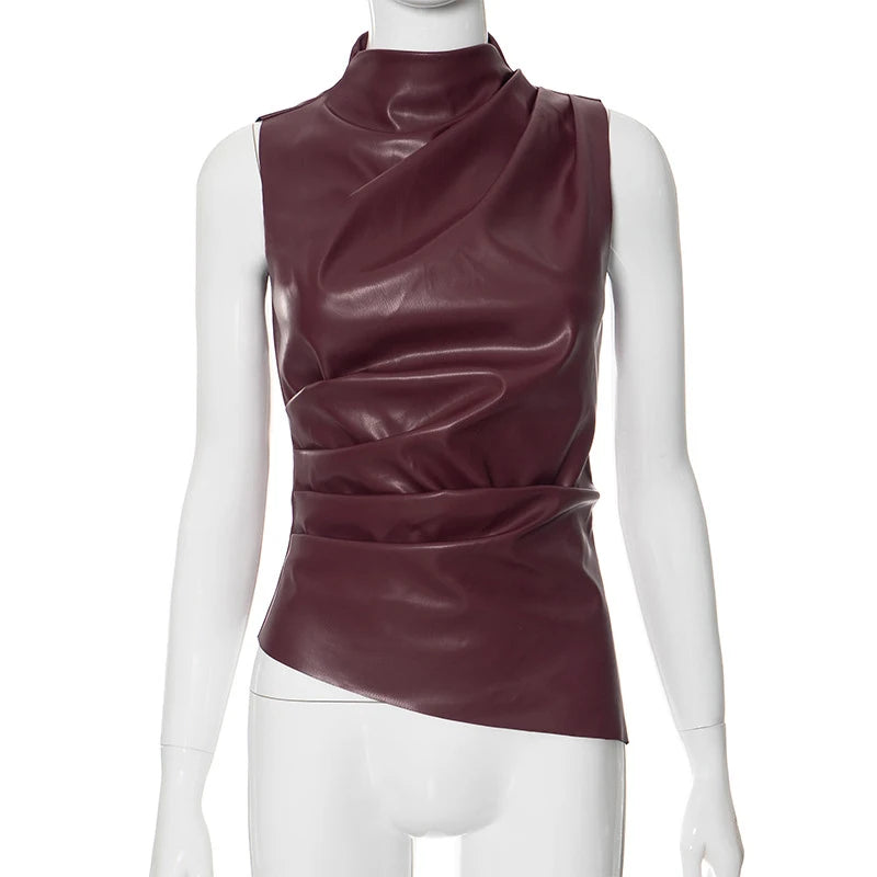 Women Y2K Vintage Pu Simple Basic Tank Top High Waist Skinny Shrunk Slash Cut Sleeveless Tops Versatile Noble Shirts