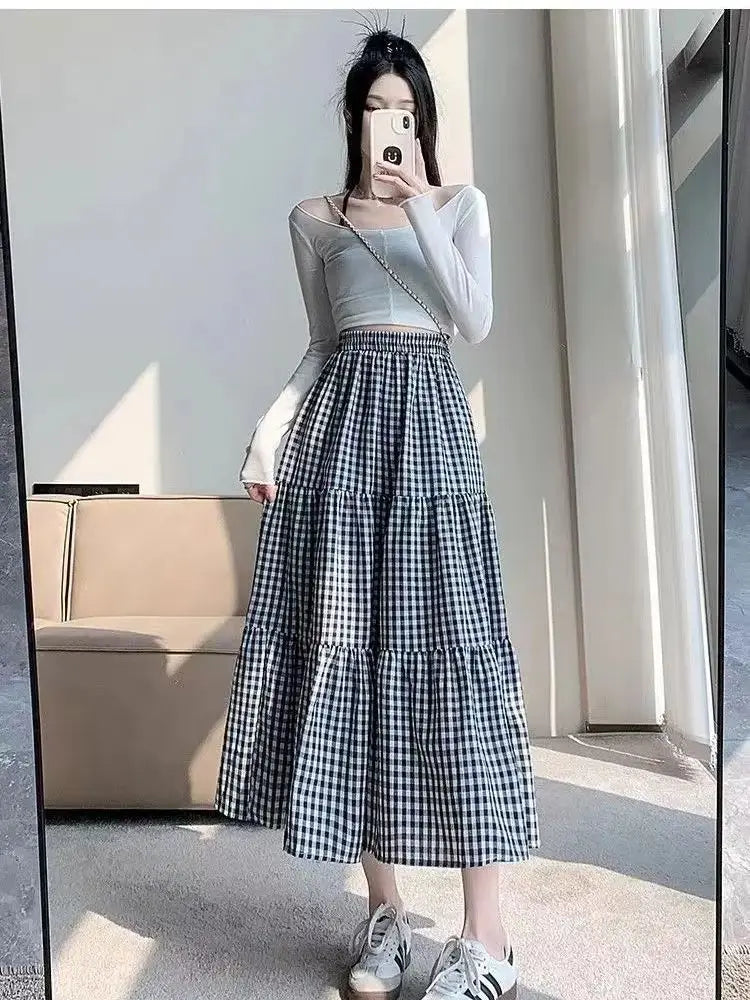 Patchwork Tiered Skirt Women 2025 Summer Vintage Checkered High Waisted Elastic Waist Slimming Midi Skir