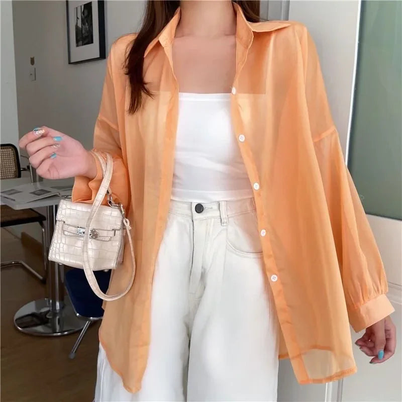 Xpqbb Women's White Chiffon Shirt Sheer Thin Long Sleeve Sun Protection Blouse Woman Casual Loose Simple Single-breasted Shirts