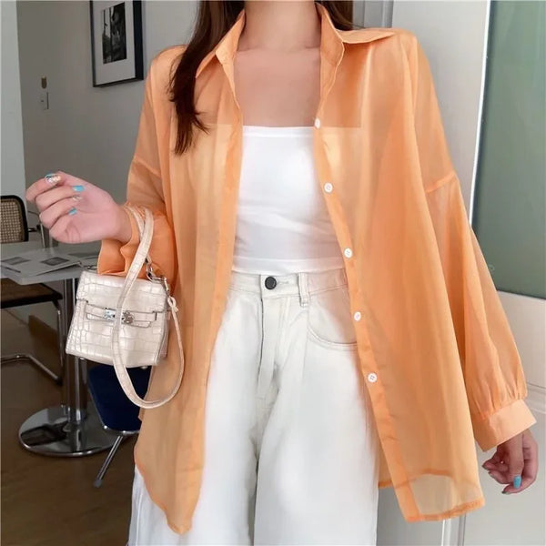 Xpqbb Women's White Chiffon Shirt Sheer Thin Long Sleeve Sun Protection Blouse Woman Casual Loose Simple Single-breasted Shirts