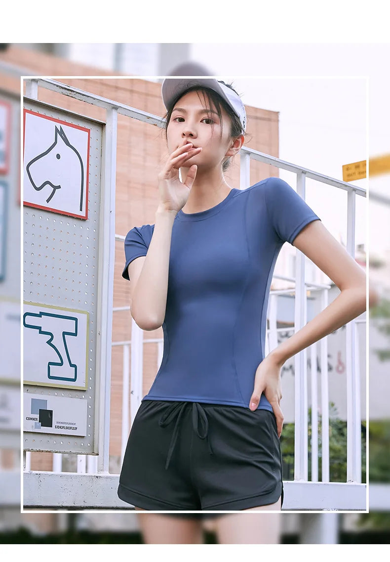 2024 Women's Sports Fitness Clothing Slim Running Sweat Absorbing Skinny Yoga Clothes Quick Drying Clothes Short Sleeved T-shirt